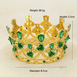 Golden crown cake topper with green rhinestones and roses, weight 88.5g height 5.5cm