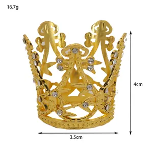Golden mini alloy crown with rhinestones for cake decoration, 4cm high and 16.7g weight