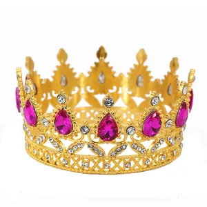 Squisita corona di compleanno dorata con strass rosa a goccia e cristalli bianchi