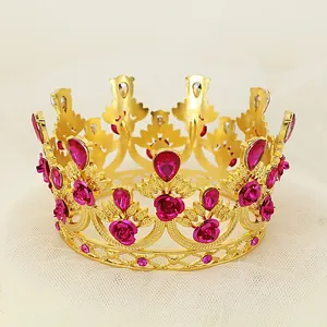Golden crown headpiece with pink roses and teardrop rhinestones for birthdays