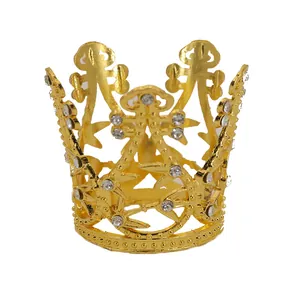 Golden alloy crown cake topper with hollow filigree and white sparkling rhinestones