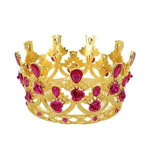 Elegant gold crown with pink rose rhinestones for girl birthday cake and hair decoration