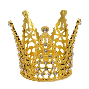 Gold alloy mini crown cake topper with sparkling crystal rhinestones and hollow design