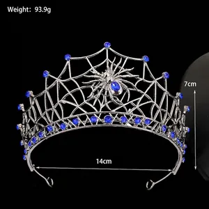 Baroque spider web bridal crown with blue rhinestones and silver metal alloy finish