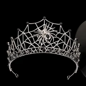 Baroque spider web crown with black gems and spider motif for gothic bridal hair