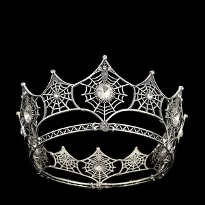 Gothic silver spider web tiara with sparkling crystals for bridal or costume party wear