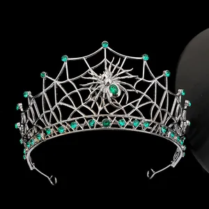 Gothic silver spider web crown with emerald green rhinestones for Halloween party style