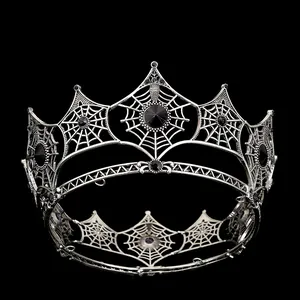 Gothic silver spider web crown with black rhinestones and crystals on a black background