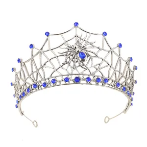 Baroque spider web crown with silver alloy design and blue crystal teardrop gem