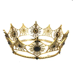 Baroque spider web bridal crown in antique gold with black rhinestones for Halloween party