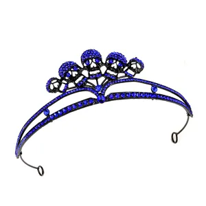 Gothic black crown headpiece with dark blue rhinestones and skulls for Halloween costume
