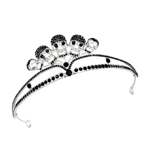 Gothic crown headband with silver base, black rhinestones and skulls for Halloween queens