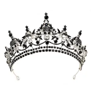 Macro shot of silver gothic crown with black rhinestones and skulls for Halloween