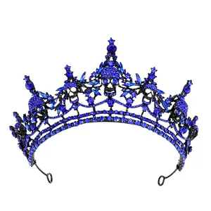 Gothic crown with blue crystals and black skulls for Halloween queen costume party