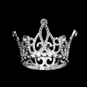 Silver alloy mini crown with rhinestones and hollow floral patterns for cake decoration