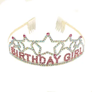 Serre-tête couronne Birthday Girl argenté avec strass roses et AB pour décoration