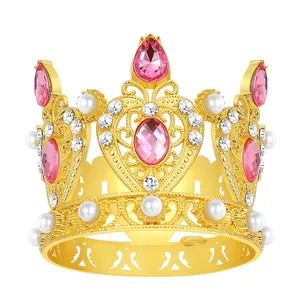 Luxury Mini Alloy Crown Cake Topper Heart Rhinestone Faux Pearl Tiara For Birthday Wedding Party Decoration Princess Accessories