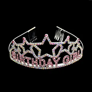 Diadème Serre-tête Birthday Girl en Alliage d'Argent avec Strass Couronne Étoile en Cristal Rose AB pour Décorations de Fête d'Anniversaire Femme