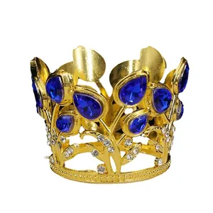Gold mini crown cake topper with blue teardrop gems and rhinestones for birthday decor