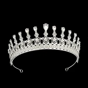 Elegant silver alloy bridal crown with sparkling rhinestones and crystal star patterns
