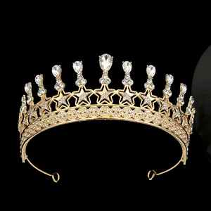 Elegant Star Alloy Rhinestone Bridal Crown For Wedding Party Birthday Women Princess Tiara Headpiece Gold Silver Accessories