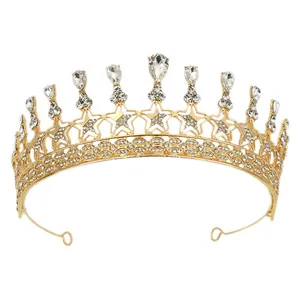 Elegant gold bridal tiara with star patterns and sparkling crystal rhinestones for weddings