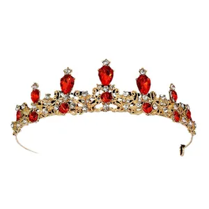 Couronne de mariée dorée vintage avec pierres rouges pour mariages et fêtes de gala