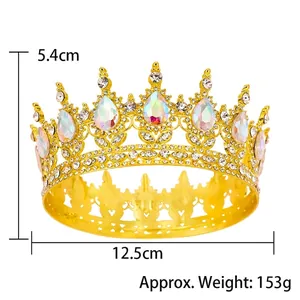 Golden crown with teardrop rainbow crystals for brides, 12.5cm width and 5.4cm height