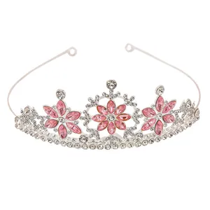 Sparkling pink floral crystal crown for girls with silver snowflake rhinestone details