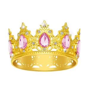 Tiara barocca dorata con gemme rosa a goccia e cristalli per sposa e feste