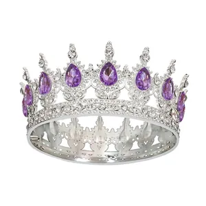 Vintage bridal crown with purple teardrop crystals and sparkling rhinestones in silver finish