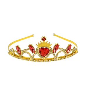 Golden crown headpiece with large red heart gemstone and sparkling white rhinestones
