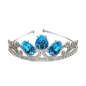 Sparkling silver tiara for girls with rhinestones and blue teardrop gems on white background