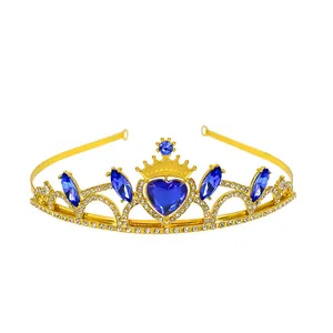 Detailed view of golden princess crown headband featuring heart-shaped blue gems