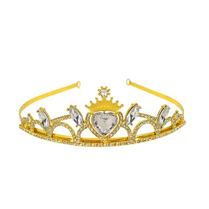 Elegant gold princess crown headband with heart crystal and white rhinestones for parties