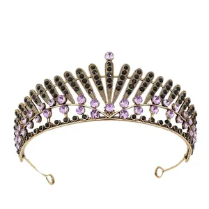 Vintage bridal tiara with purple and black crystals on bronze alloy crown headband