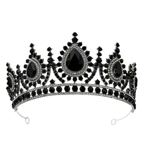 Vintage Barock Krone mit schwarzen Tropfenkristallen und Silbermetall für Hochzeiten
