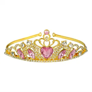 Golden princess crown for girls with pink heart-shaped crystal and white rhinestones
