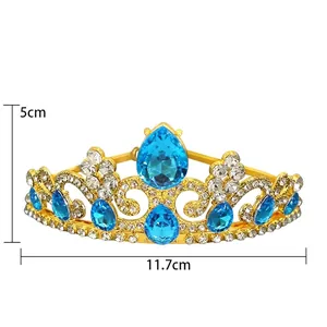 Golden girls crown with blue crystal teardrop design and dimension specs for kids