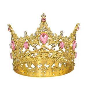 Golden alloy crown for girls featuring pink teardrop gems and sparkling rhinestones