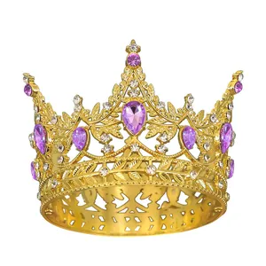 Golden alloy tiara with purple teardrop gemstones and small round rhinestones