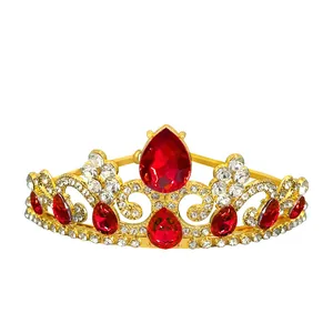 Elegant gold princess crown with red teardrop gemstones and white crystals for girls
