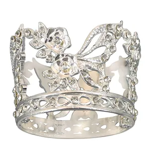Silver alloy crown cake topper with sparkling rhinestones and butterfly rose design