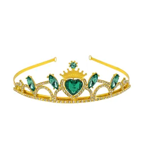 Elegant gold pearl crown featuring heart-shaped green gemstones and white rhinestones