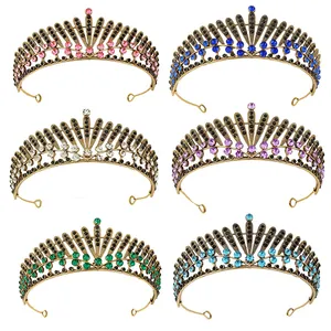 Vintage Antique Gold Alloy Rhinestone Crown Tiara For Bride Wedding Birthday Party Performance Baroque Hair Jewelry Headpiece