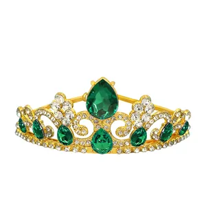 Golden princess crown with sparkling green waterdrop gemstones for girls party