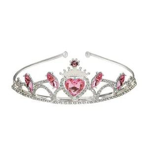 Silver pearl tiara with pink heart gems and white rhinestones for birthday party decor