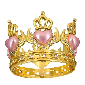 Golden alloy princess crown with pink heart crystals and rhinestones for party decoration