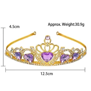 Golden princess crown tiara with purple heart rhinestones for girls party, 12.5cm wide