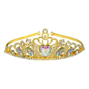 Detail of gold princess tiara featuring a large AB iridescent heart-shaped crystal centerpiece